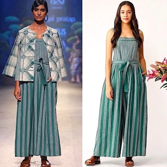 ANTHROPOLOGIE Payal Pratap Cha Cha Green Stripe Linen Wide Leg Crop Jumpsuit - Picture 3 of 14